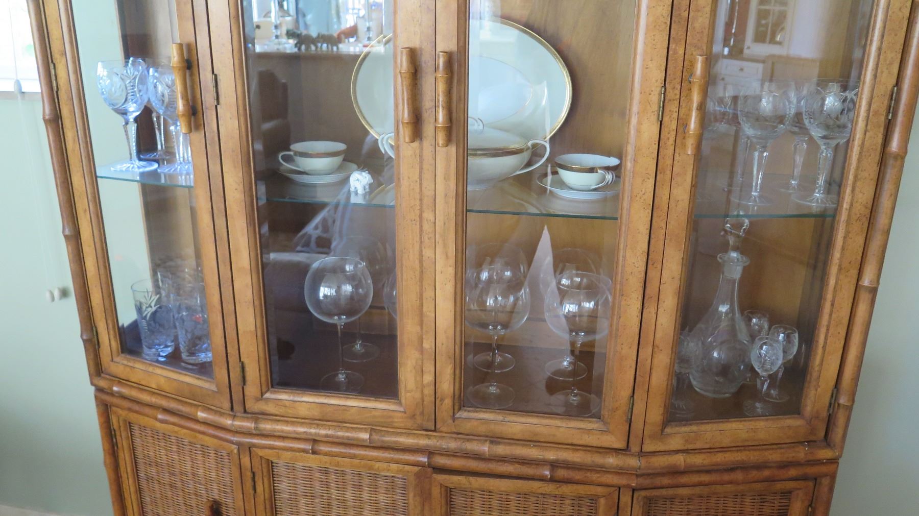 Tall China Cabinet W Woven Rattan Carved Bamboo Trim Oahu Auctions