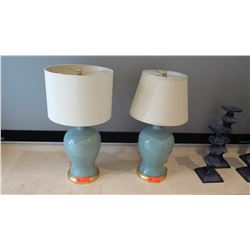 Pair: Blue Ceramic Table Lamps w/ Mismatched Shades, 27.5" H