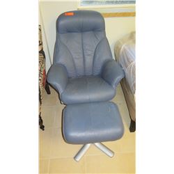 Contemporary Blue Leather Chair w/ Ottoman (shows some wear/age), Back Approx. 39.5" H