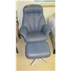 Image 1 : Contemporary Blue Leather Chair w/ Ottoman (shows some wear/age), Back Approx. 39.5" H