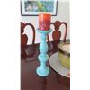 Image 2 : 2 Blue Pillar Candle Holders (16" H & 14" H) & Ceramic Bowl
