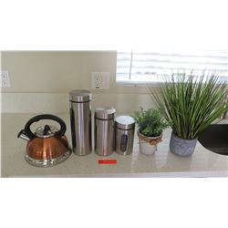 Tea Kettle, Canisters, Faux Potted Plants (tallest canister 12")