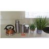 Image 1 : Tea Kettle, Canisters, Faux Potted Plants (tallest canister 12")