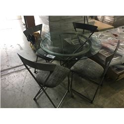 GLASS TOP DINING TABLE WITH 4 METAL FRAMED CHAIRS