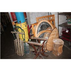 LOT OF MIRRORS, TABLE BASE, CARVED BEAR FIGURE, SLEIGH, CREAM CAN, AND MORE