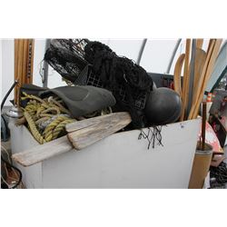 ROLLING BIN FULL OF FLOATS, NETS, PADDLES, BARREL, MOTOR, SKIIS, AND MORE