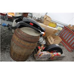 LARGE LOT INCLUDING PATIO TABLE, HARLEY DAVIDSON FENDER, HUBCAPS, OAK BARREL, TOOLS, AND MORE
