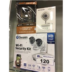 LOT OF ASSORTED SECURITY APPLIANCES INC. SWANN WI-FI SECURITY KIT, NETGEAR ARLO Q CAMERA, AND