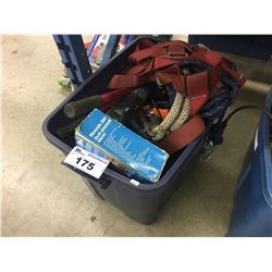 BOX OF ASSORTED HAND, POWER TOOLS, AND STRAPS/HARNESSES