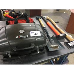 PORTABLE BBQ, SHOVEL, AND 2 AXES