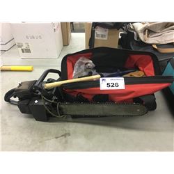 GAS CHAIN SAW AND BAG OF ASSORTED TOOLS AND MORE