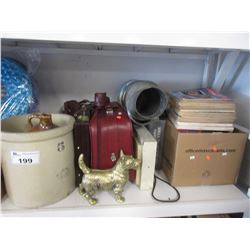 GARDEN POT/3 TRAVEL LUGGAGE CASES/MILK CANISTER/BOX OF ASSORTED BOOKS & MAGAZINES/MISC