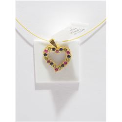 18KT. GOLD RUBY, GREEN AND BLUE SAPPHIRE HEART SHAPED HAND CRAFTED PENDANT WITH HIGH FASHION CORD.