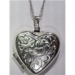 STERLING SILVER NECKLACE WITH HEART SHAPED LOCKET PENDANT, RETAIL $125