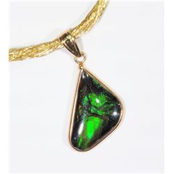 14K GOLD AMMOLITE PENDANT ON FANCY CHORD HANDCRAFTED IN CANADA, RETAIL $800