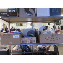 NECK MASSAGER/WIRELESS HEADPHONES/BOX OF DIMMERS-CHARGING CORDS-MISC/BOX OF PHONE-RC CAR-JELLY FISH