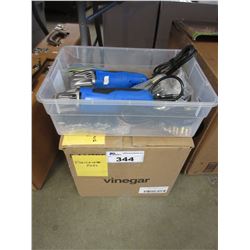TUB OF PENS & 2 MASTERCRAFT MULTI-CRAFTER TOOLS/BOX OF FINISHING MOPS