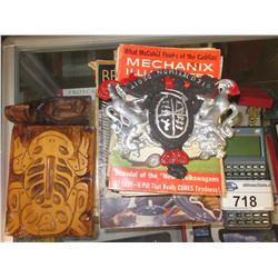 LOT OF VINTAGE MECHANIC BOOKS/HP 48G CALCULATOR/BOOKS/NATIVE STYLE WOODEN CARVINGS/COAT OF