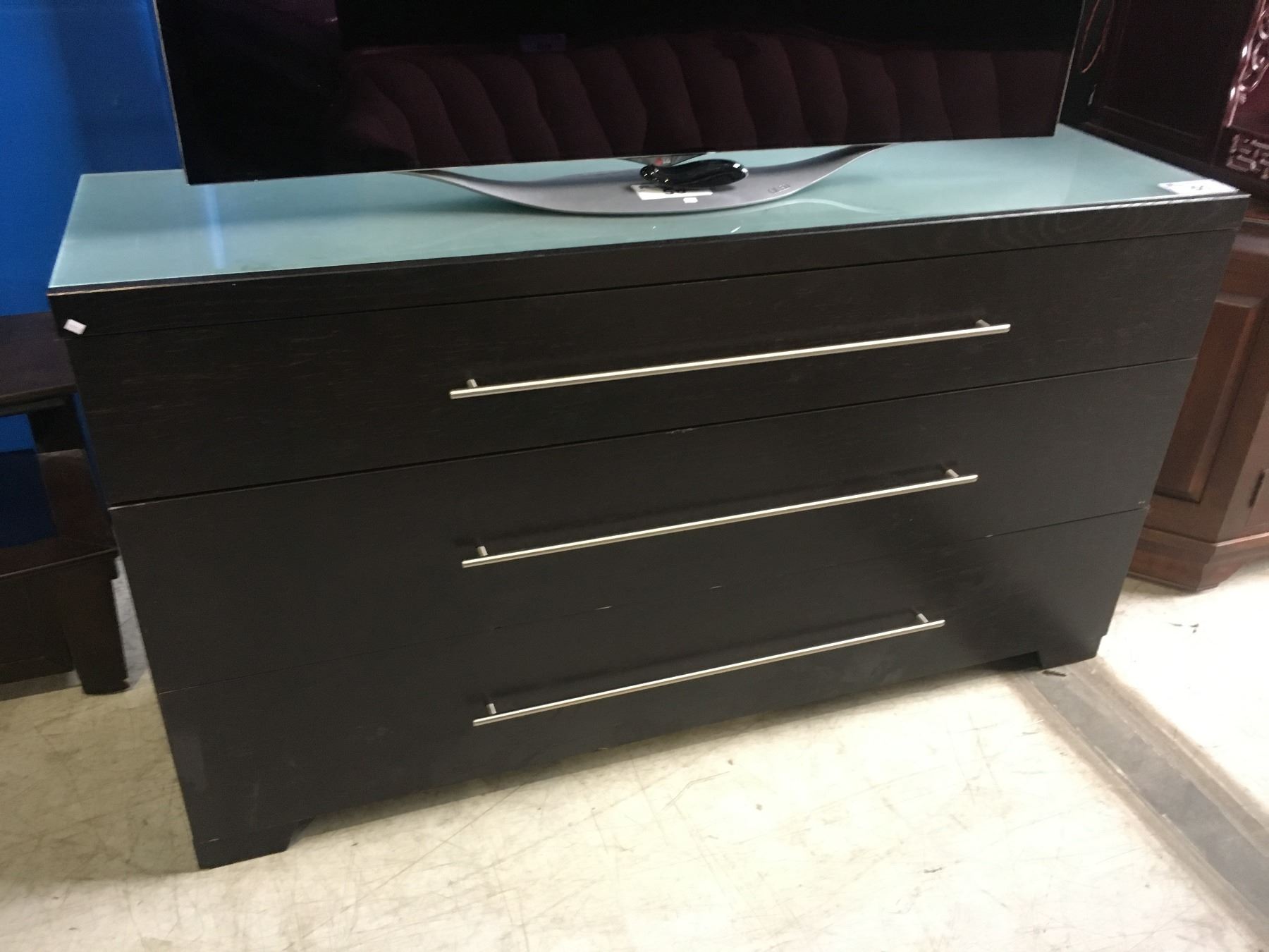 Dark Wood With Frosted Glass Top 3 Drawer Dresser