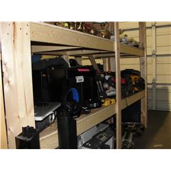 LARGE SHELF LOT INCLUDING XBOX 360, 4 MONITORS, LAPTOP, PROJECTOR, HEADPHONES, ASSORTED VIDEO