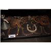 Image 2 : SHELF OF ANTIQUE COLLECTABLES INCLUDING HORSESHOES, ROPE, AND MORE