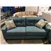 Image 2 : 2 PCS. TURQUOISE UPHOLSTERED SOFA & LOVE SEAT SET WITH 4 THROW CUSHIONS