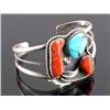 Image 1 : Signed Navajo Sterling Silver Turquoise Coral Cuff