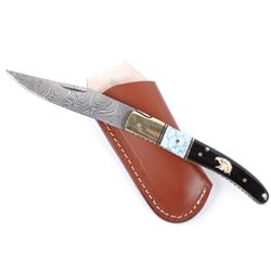 Damascus Buffalo Horn Handle Knife w/ Ornate Inlay