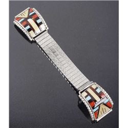 Signed Zuni Mosaic Inlaid Multi-Stone Watch Band