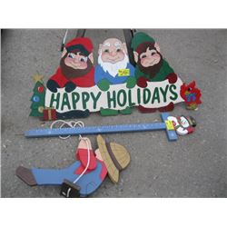1 HAPPY HOLIDAY SIGN, YARDSTICK & SWINGING BOY