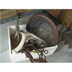 1 WOOD CRATE WITH TRACTOR SEAT, ANTLERS, ETC