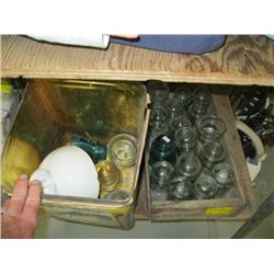 1 WOOD FLAT OF INSULATORS AND A JAPANESE CRACKER TIN OF INSULATORS