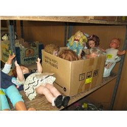 1 WICKER DOLL BASKET WITH ASSORTED DOLLS AND BOX OF ASSORTED DOLLS