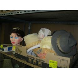 1 MASSAGE VIBRATOR, MANNEQUIN HEAD AND BOX OF ASSORTED HATS