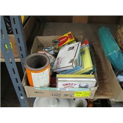 1 FLAT WITH CIGARETTE TINS, GIANT LIGHTER, ETC