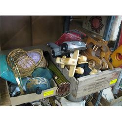 1 FLAT WITH WICKER SEWING BOX, LIDDED GLASS BOWL, SMALL BIRD CAGE, WOOD OKANAGAN PACKERS BOX WITH MI