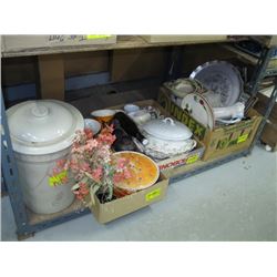 1 3 BOXES OF MISC DISHES, VASES AND DISTRESSED MADALTA CROCK