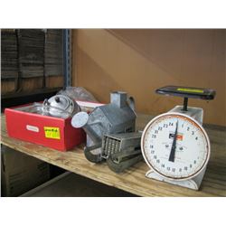 1 HANSEN TABLE SCALE, FRENCH FRY MAKER, AND BOX OF GLASS COOKWARE