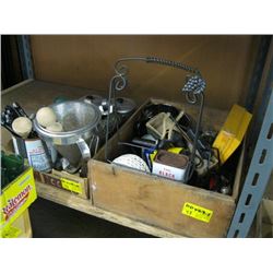 1 WOOD BOX AND FLAT OF MISC KNIVES, FLOUR SIFTER AND KITCHEN UTENSILS