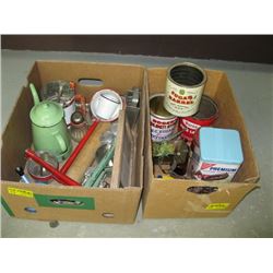 1 2 BOXES OF ASSORTED KITCHEN PRESSES, FLOUR SIFTER, FOOD TINS ETC