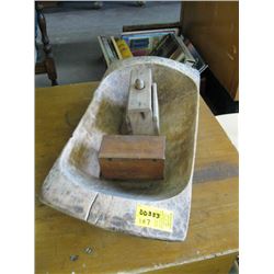 1 WOODEN DOUGH BOWL & 2 BUTTER MOLDS