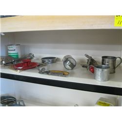 1 SMALL LOT OF METAL CUPS, HAND MIXER, CAN OPENER, ETC