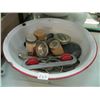 Image 1 : 1 PORCELAIN WASH BASIN WITH ASSORTED SMALL TINS, SPOONS ETC