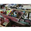 Image 1 : 1 CHILDS WOOD WHEEL BARROW, SPINNING TOP AND WATERING CAN