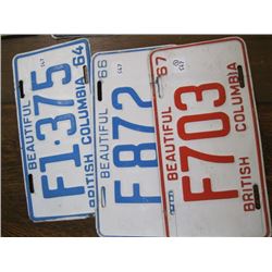 1 3 - BRITISH COLUMBIA LICENSE PLATES 1964, 1966, 1967