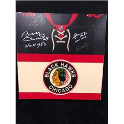 BOBBY HULL, GLENN HALL, J.TOEWS, D.KEITH AUTOGRAPHED CHICAGO BLACK HAWKS 20" X 20" CANVAS ART