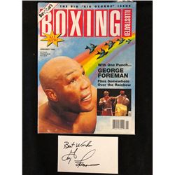 GEORGE FOREMAN AUTOGRAPHED INDEX CARD W/ VINTAGE BOXING ILLUSTRATED MAGAZINE