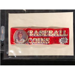 BASEBALL COINS (3 METAL COINS, 3 STICKS OF BUBBLEGUM) MINTED 1987