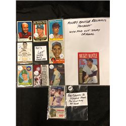 ROOKIE BASEBALL TRADING CARDS LOT (GAME USED JERSEY, BATS) INCLUDES MICKEY MANTLE RELIGIOUS PAMPHLET