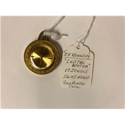 J.F KENNEDY "CRYSTAL WATCH" 17 JEWELS (SWISS MADE) GOLD PLATED COIN